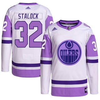 Men's Alex Stalock Edmonton Oilers Adidas Hockey Fights Cancer Primegreen Jersey - Authentic White/Purple