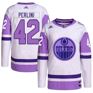 Men's Brendan Perlini Edmonton Oilers Adidas Hockey Fights Cancer Primegreen Jersey - Authentic White/Purple