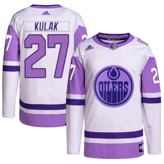 Men's Brett Kulak Edmonton Oilers Adidas Hockey Fights Cancer Primegreen Jersey - Authentic White/Purple