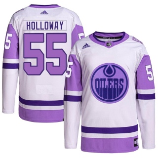 Men's Dylan Holloway Edmonton Oilers Adidas Hockey Fights Cancer Primegreen Jersey - Authentic White/Purple