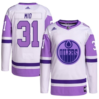 Men's Eddie Mio Edmonton Oilers Adidas Hockey Fights Cancer Primegreen Jersey - Authentic White/Purple