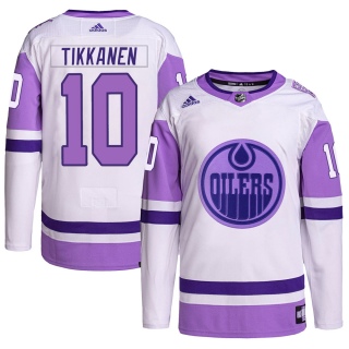 Men's Esa Tikkanen Edmonton Oilers Adidas Hockey Fights Cancer Primegreen Jersey - Authentic White/Purple