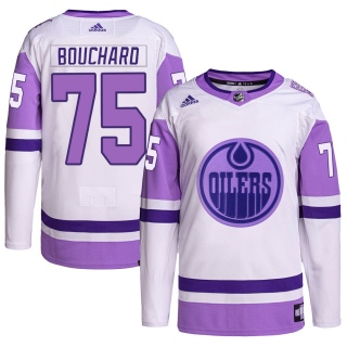 Men's Evan Bouchard Edmonton Oilers Adidas Hockey Fights Cancer Primegreen Jersey - Authentic White/Purple