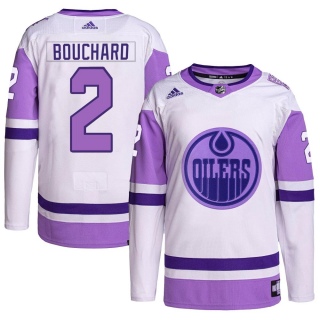 Men's Evan Bouchard Edmonton Oilers Adidas Hockey Fights Cancer Primegreen Jersey - Authentic White/Purple