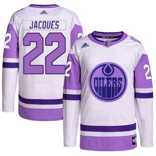 Men's Jean-Francois Jacques Edmonton Oilers Adidas Hockey Fights Cancer Primegreen Jersey - Authentic White/Purple