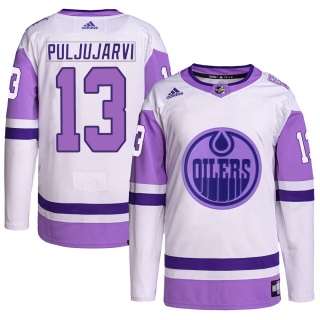 Men's Jesse Puljujarvi Edmonton Oilers Adidas Hockey Fights Cancer Primegreen Jersey - Authentic White/Purple
