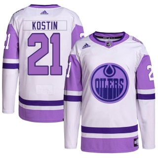 Men's Klim Kostin Edmonton Oilers Adidas Hockey Fights Cancer Primegreen Jersey - Authentic White/Purple