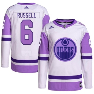 Men's Kris Russell Edmonton Oilers Adidas Hockey Fights Cancer Primegreen Jersey - Authentic White/Purple