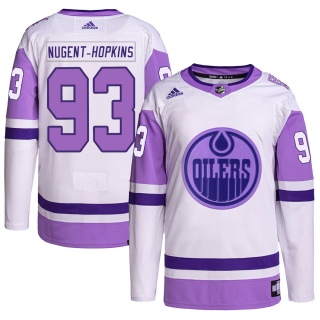 Men's Ryan Nugent-Hopkins Edmonton Oilers Adidas Hockey Fights Cancer Primegreen Jersey - Authentic White/Purple