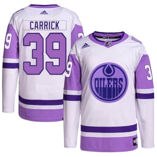 Men's Sam Carrick Edmonton Oilers Adidas Hockey Fights Cancer Primegreen Jersey - Authentic White/Purple