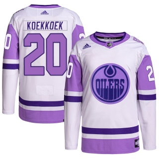 Men's Slater Koekkoek Edmonton Oilers Adidas Hockey Fights Cancer Primegreen Jersey - Authentic White/Purple