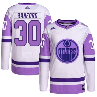 Youth Bill Ranford Edmonton Oilers Adidas Hockey Fights Cancer Primegreen Jersey - Authentic White/Purple