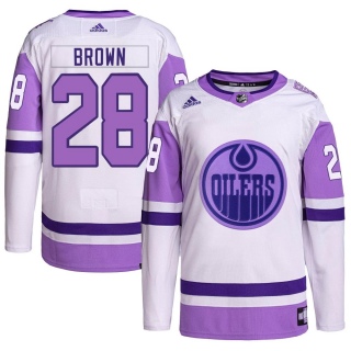 Youth Connor Brown Edmonton Oilers Adidas Hockey Fights Cancer Primegreen Jersey - Authentic White/Purple