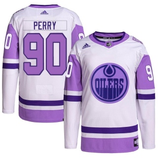 Youth Corey Perry Edmonton Oilers Adidas Hockey Fights Cancer Primegreen Jersey - Authentic White/Purple