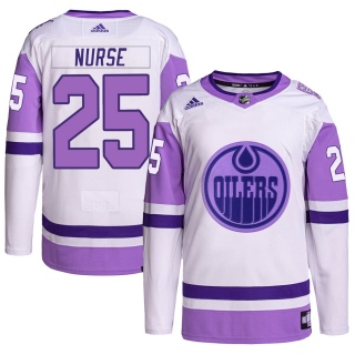 Youth Darnell Nurse Edmonton Oilers Adidas Hockey Fights Cancer Primegreen Jersey - Authentic White/Purple