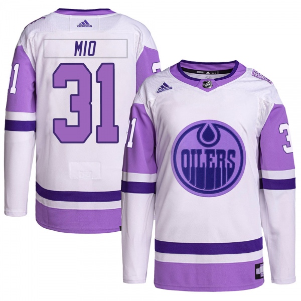Youth Eddie Mio Edmonton Oilers Adidas Hockey Fights Cancer Primegreen Jersey - Authentic White/Purple