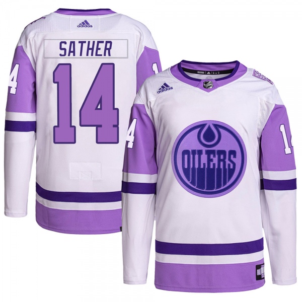 Youth Glen Sather Edmonton Oilers Adidas Hockey Fights Cancer Primegreen Jersey - Authentic White/Purple