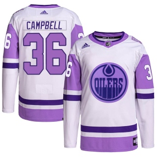 Youth Jack Campbell Edmonton Oilers Adidas Hockey Fights Cancer Primegreen Jersey - Authentic White/Purple