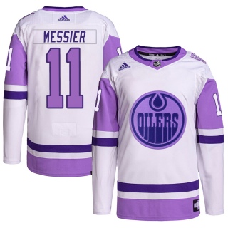 Youth Mark Messier Edmonton Oilers Adidas Hockey Fights Cancer Primegreen Jersey - Authentic White/Purple